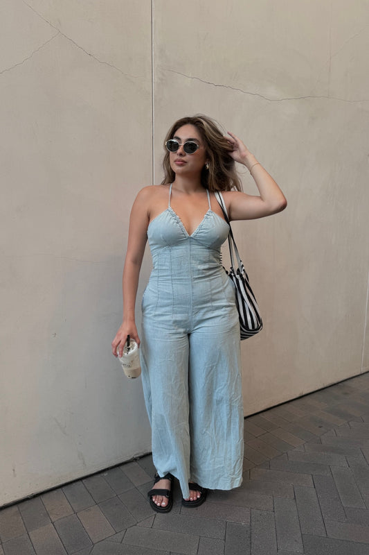 Let The Good Vibes Roll Denim Jumpsuit