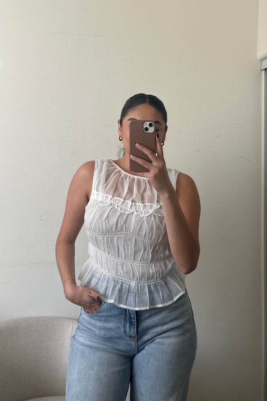 Working Through Me Sheer Peplum Top -White